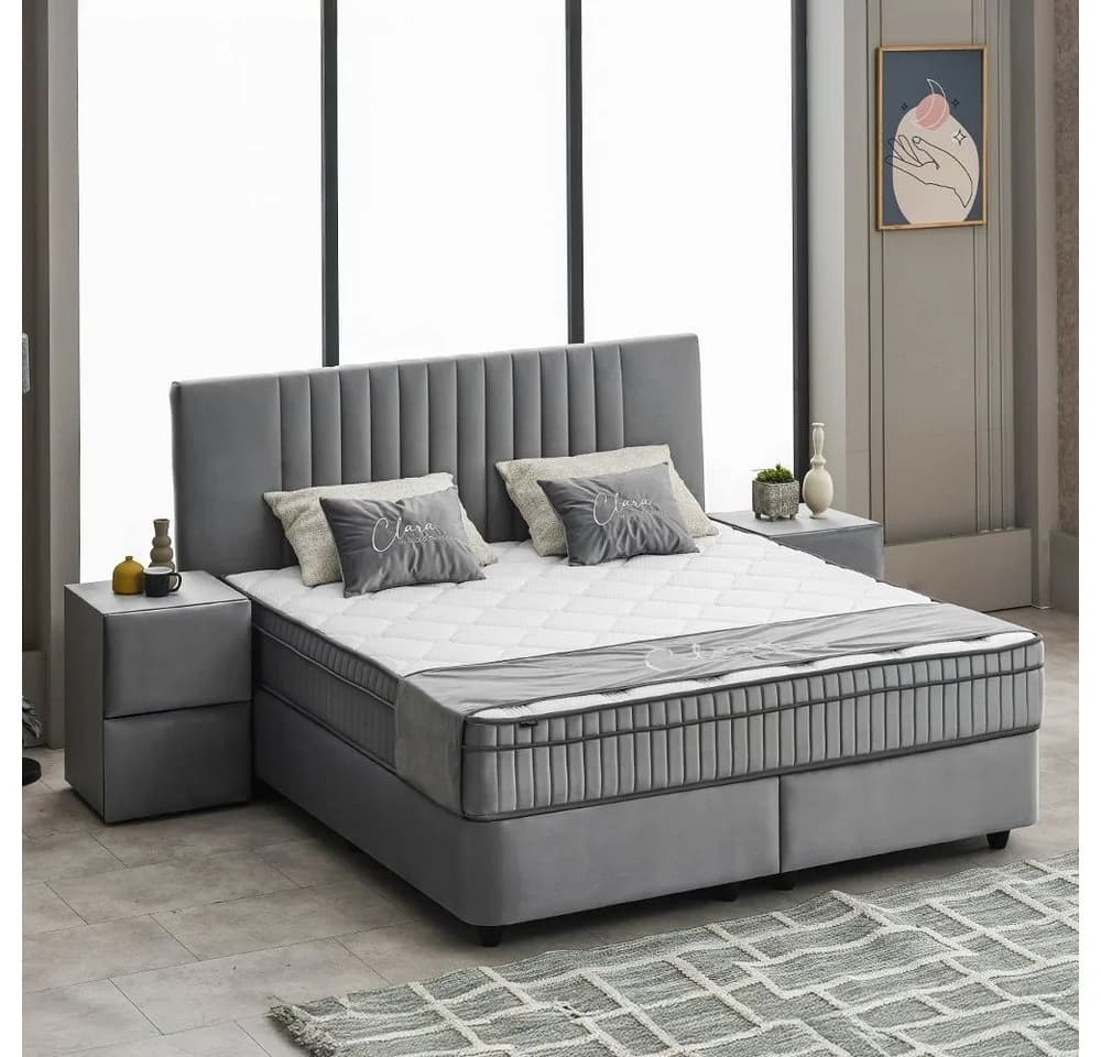 ABC Bedding Boxspringbett CLARA Grau Samt mit Bettkasten und Topper - Bild 5