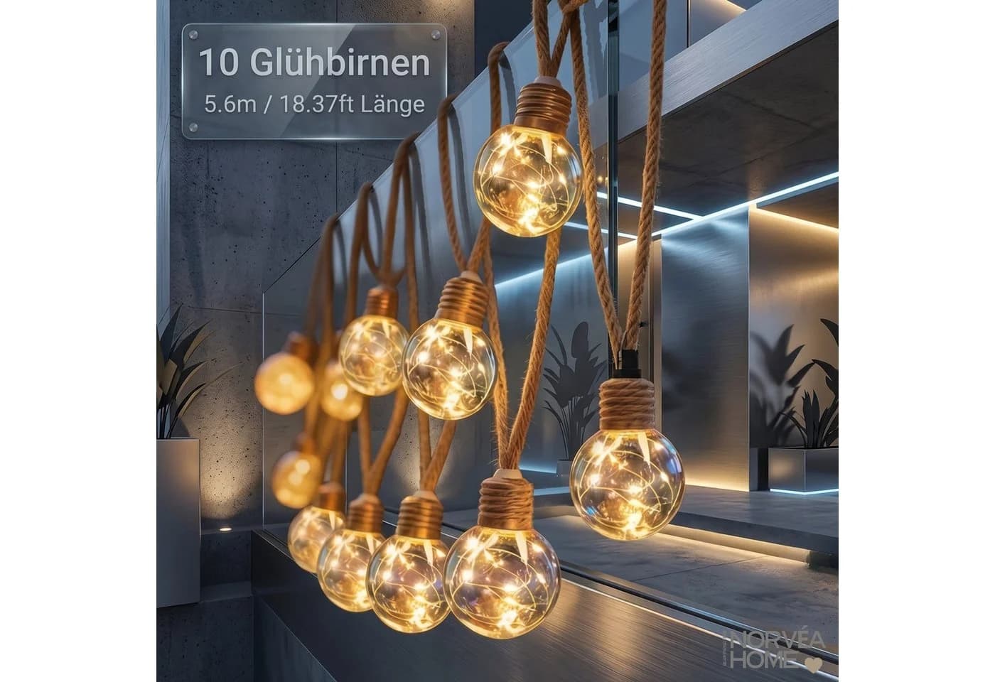 Norvéa Home Solar Lichterkette Außen Juteseil Warmweiß IP44