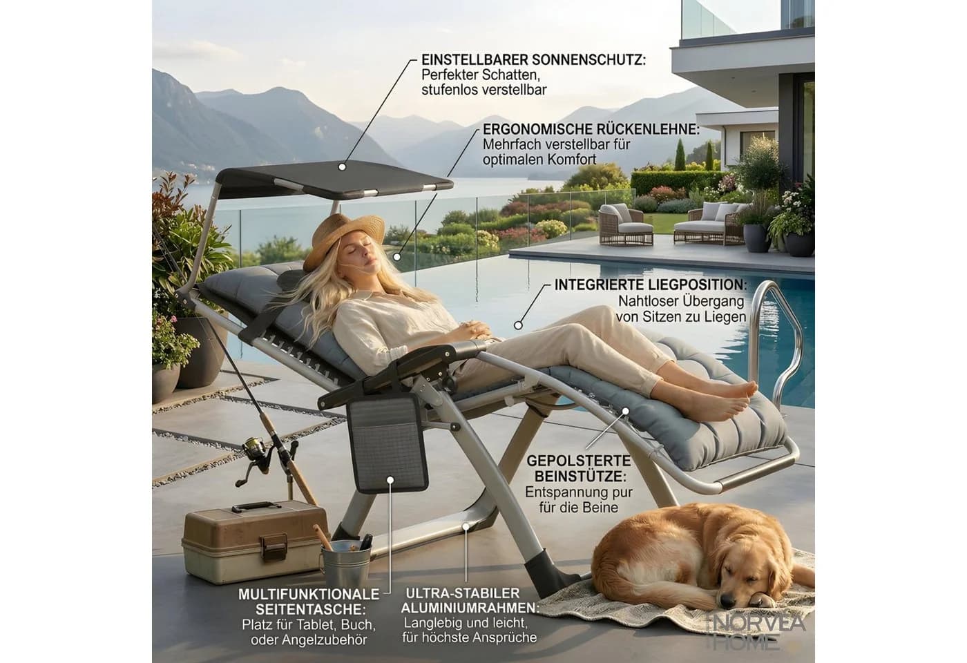 Norvéa Home Relaxliege Gartenliege klappbar mit Sonnendach Grau
