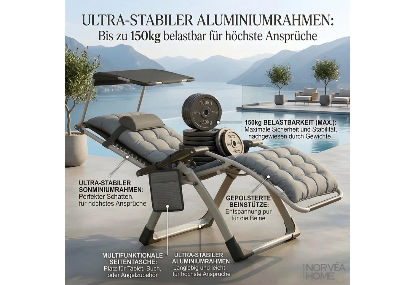 Norvéa Home Relaxliege Gartenliege klappbar mit Sonnendach Grau - Bild 3