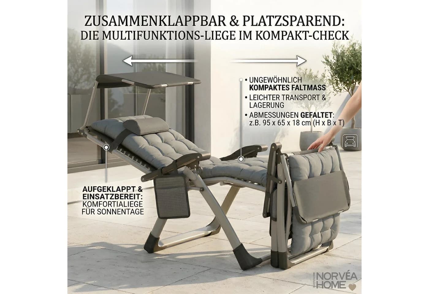 Norvéa Home Relaxliege Gartenliege klappbar mit Sonnendach Grau - Bild 5