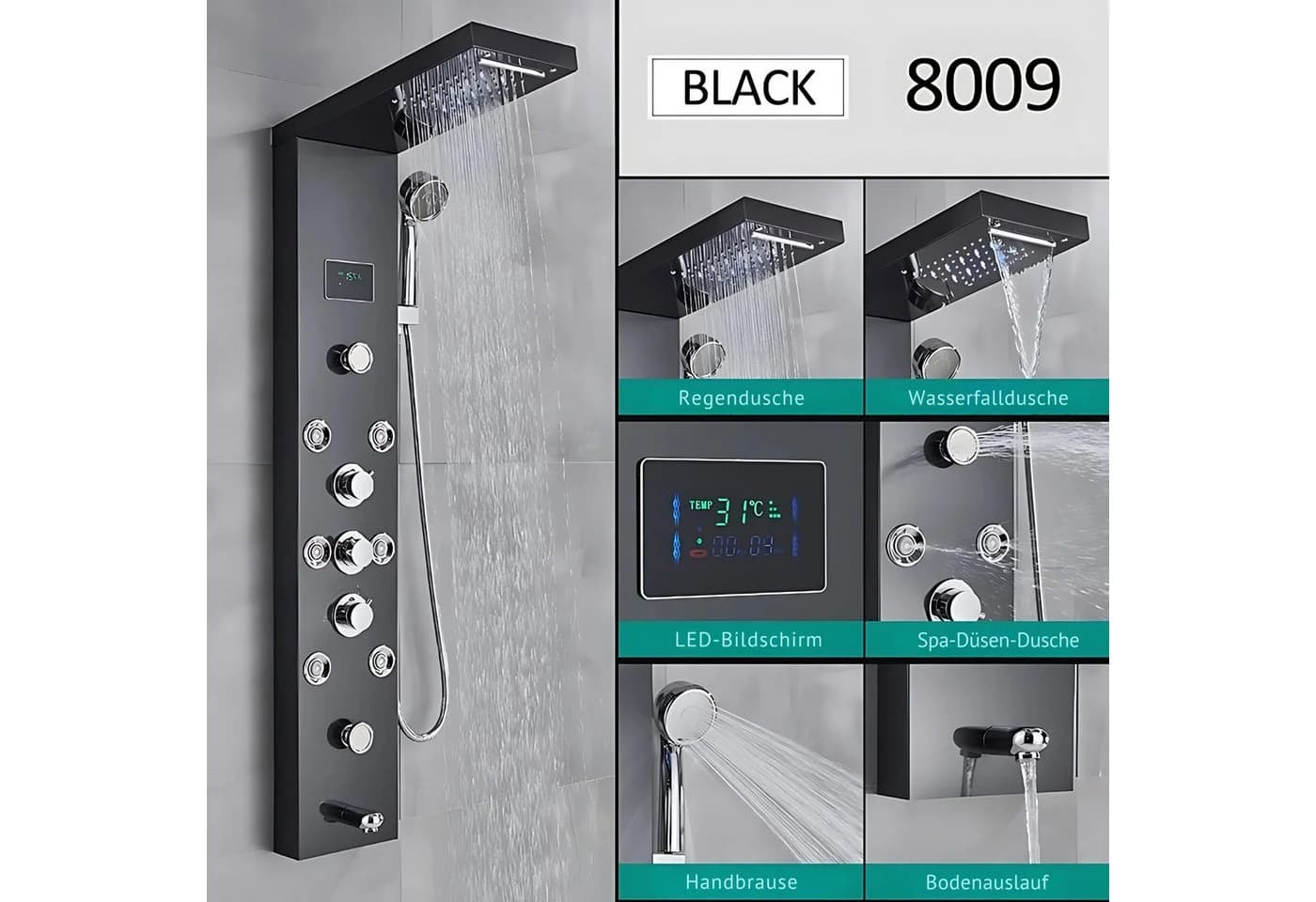 LuxaSteel Duscharmatur Regendusche Schwarz mit LED & Wasserfall