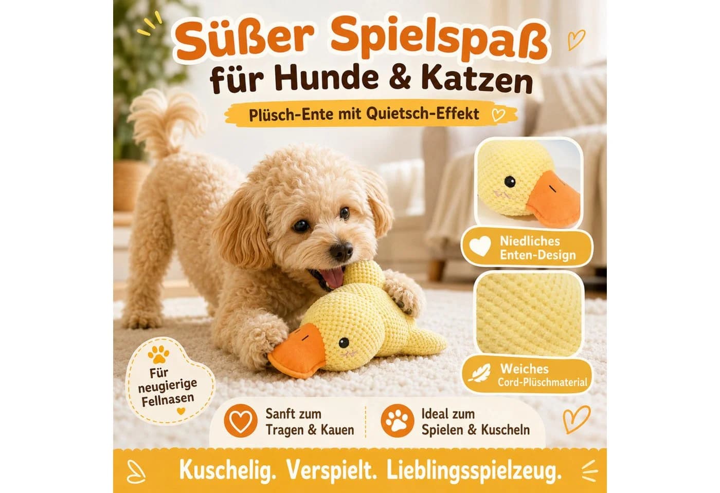 FLOCKI Pets™ Quietschendes Hundespielzeug Ente aus Baumwolle
