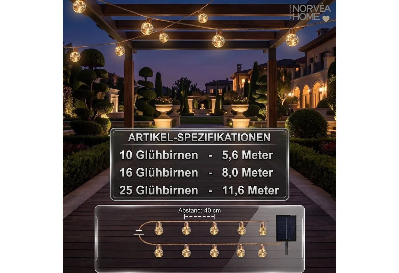 Norvéa Home Solar Lichterkette Außen Juteseil G40 Warmweiß IP44 - Bild 5
