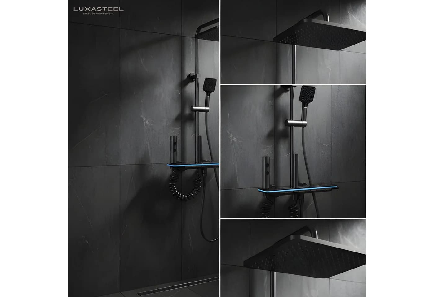LuxaSteel Duscharmatur Duschsystem mit LED-Beleuchtung & Display Grau
