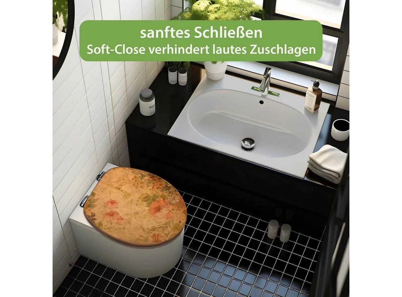 banjado WC-Sitz Bambus Absenkautomatik Blumen Antik