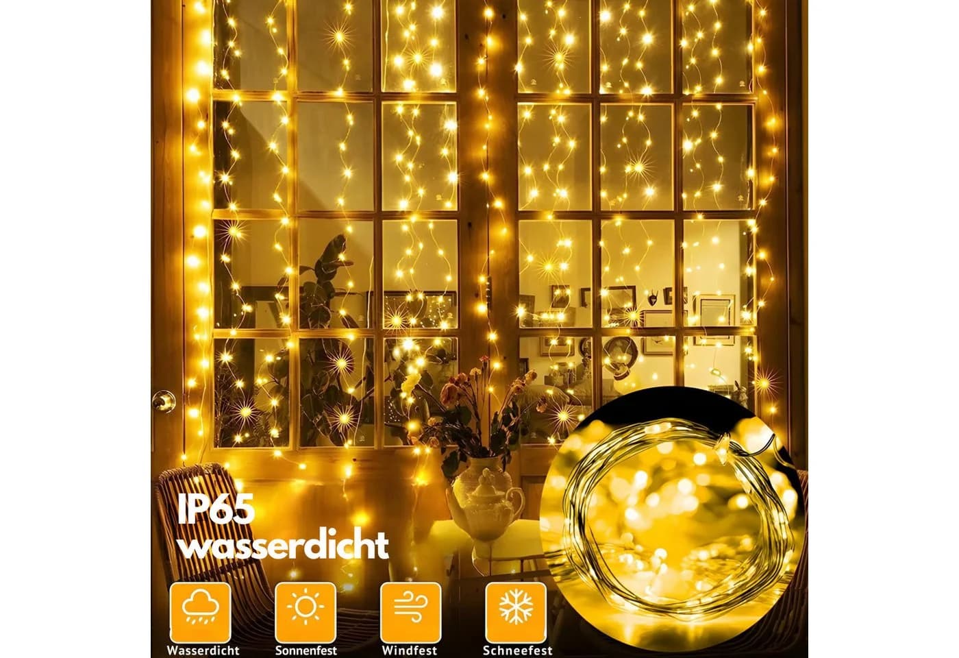 HS.SUPPLY LED-Lichtervorhang Solar Lichterkette Warmweiß 8 Modi