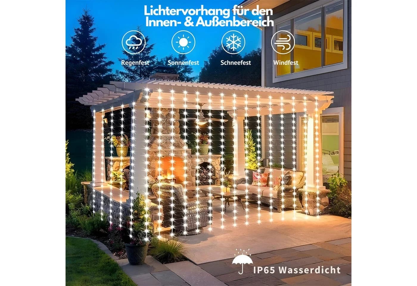 HS.SUPPLY LED-Lichtervorhang Solar Lichterkette Warmweiß 8 Modi - Bild 3