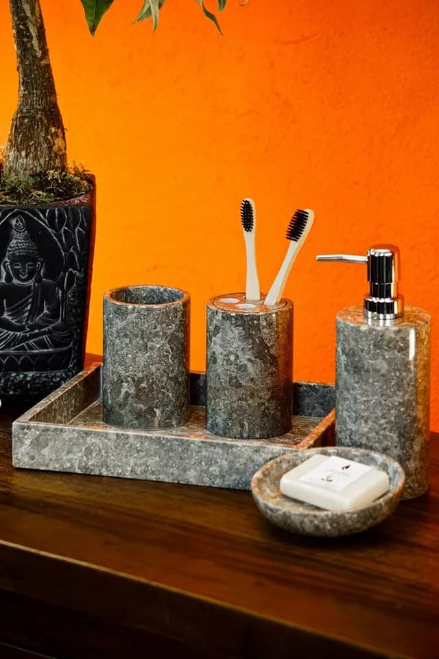 Kinaree Seifenspender Set Marmor Dunkel 5-tlg. Badezimmer
