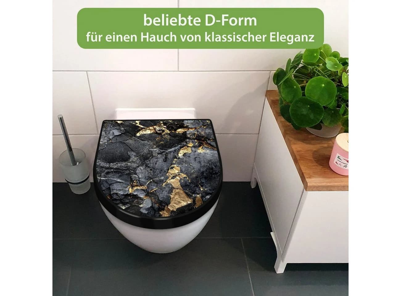 banjado WC-Sitz Premium D-Form Schwarz/Gold mit Softclose
