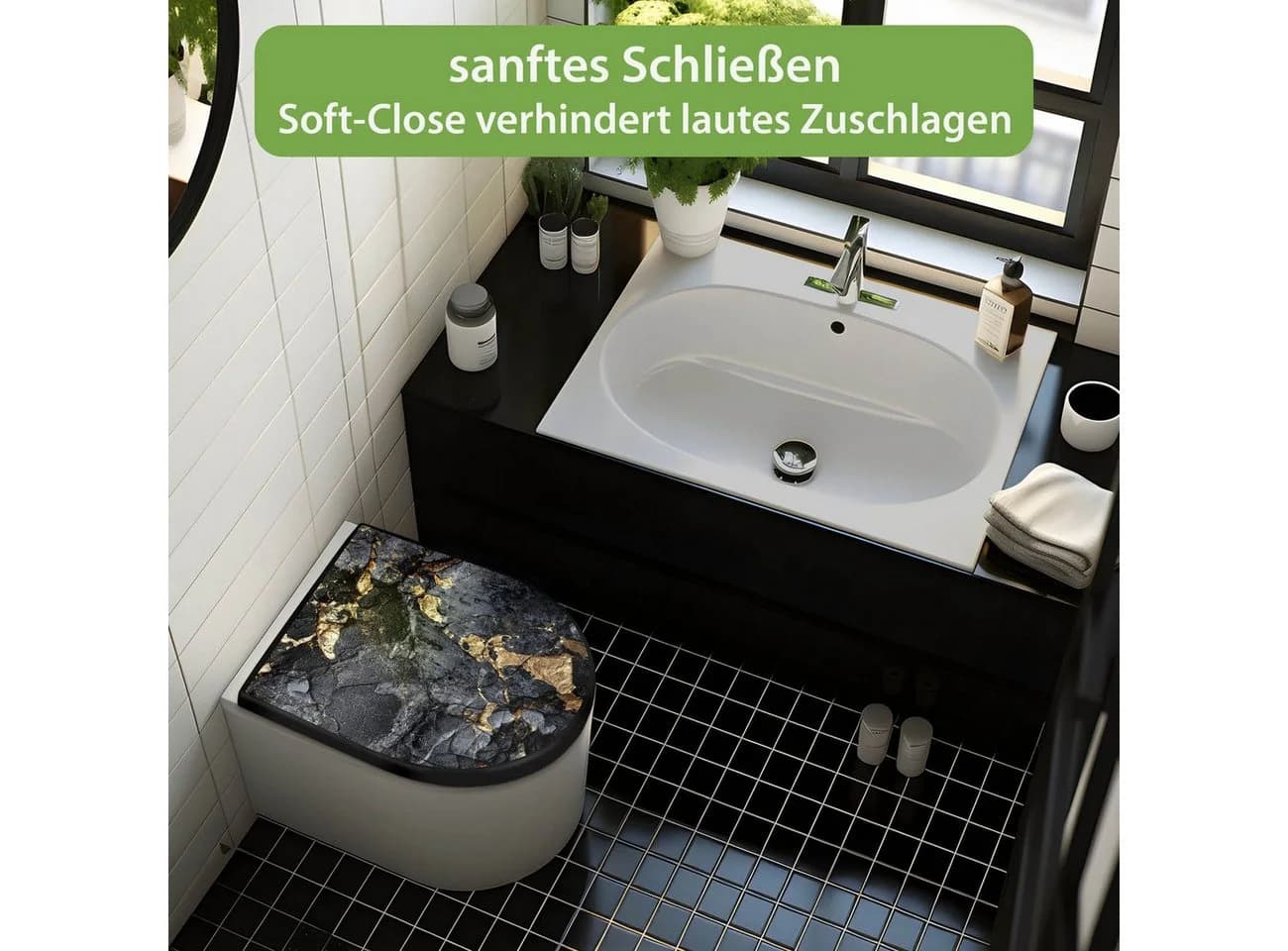 banjado WC-Sitz Premium D-Form Schwarz/Gold mit Softclose - Bild 3