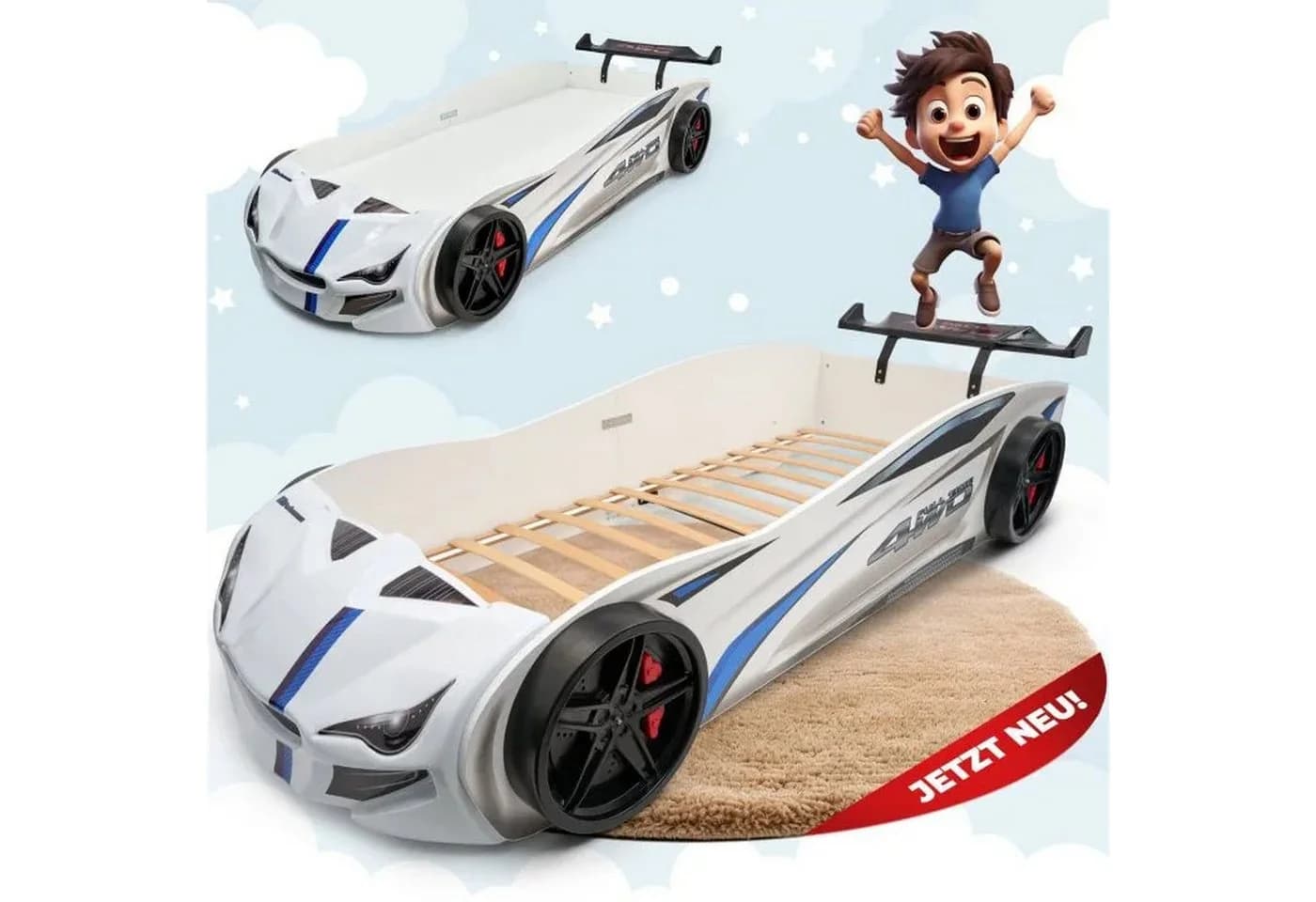 MARQA HOME Autobett Kinderbett 90x200 mit Rolllattenrost Weiß