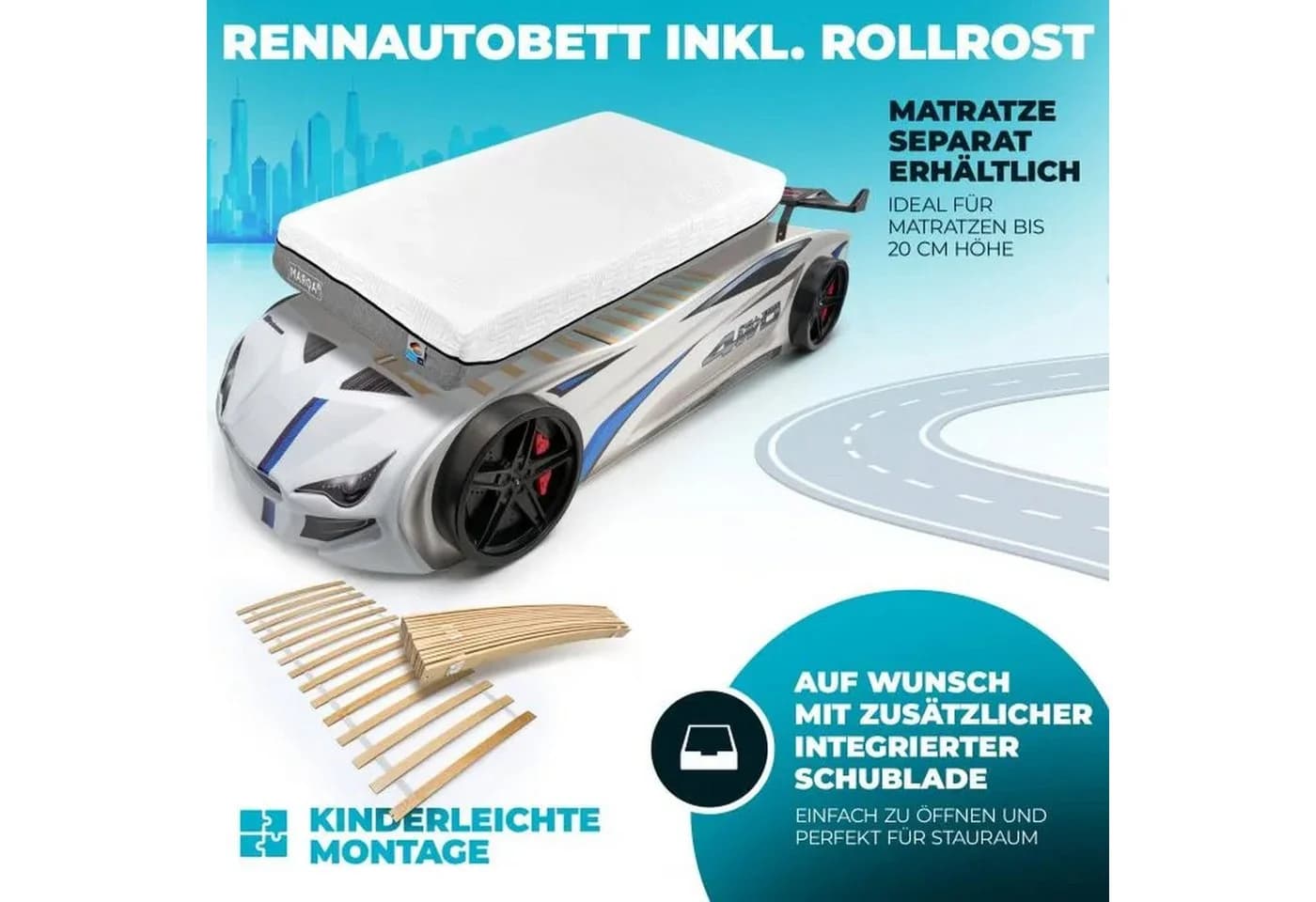 MARQA HOME Autobett Kinderbett 90x200 mit Rolllattenrost Weiß - Bild 3