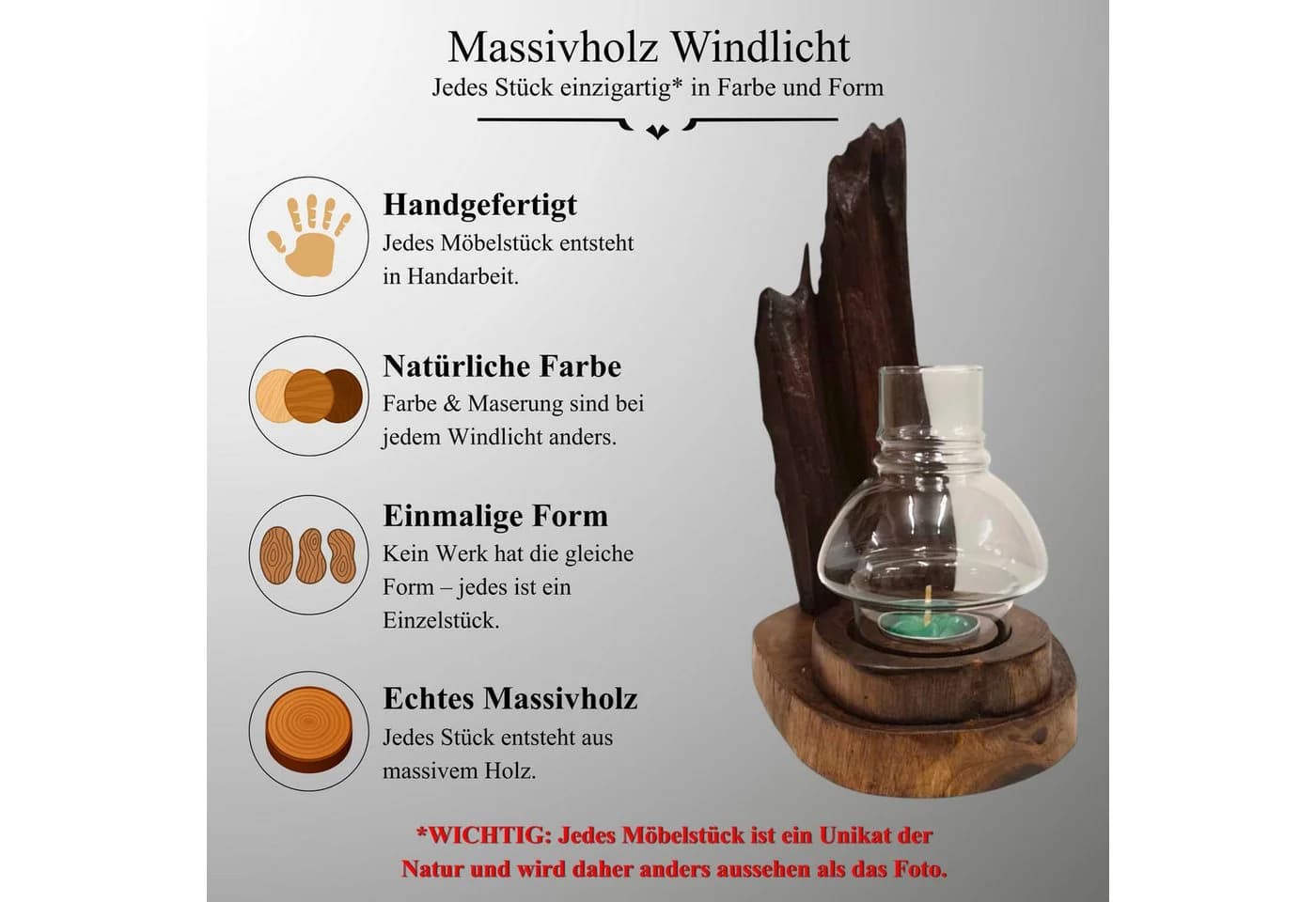 Kinaree Wurzelholz Windlicht mit Glasaufsatz Akazien Massivholz Braun - Bild 4