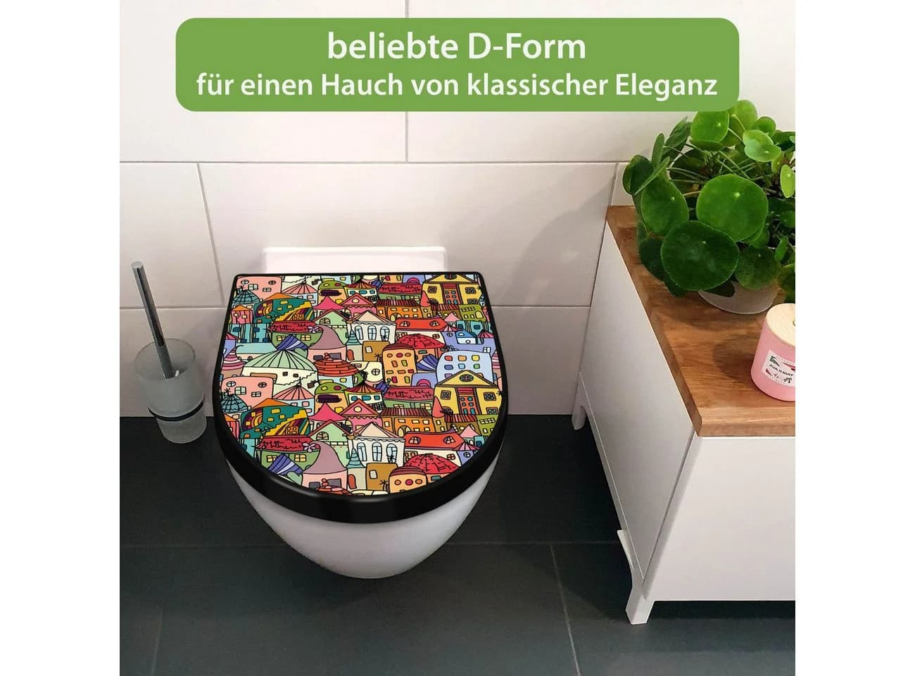 banjado WC-Sitz Premium D-Form mit Absenkautomatik Motiv Funky Town Schwarz
