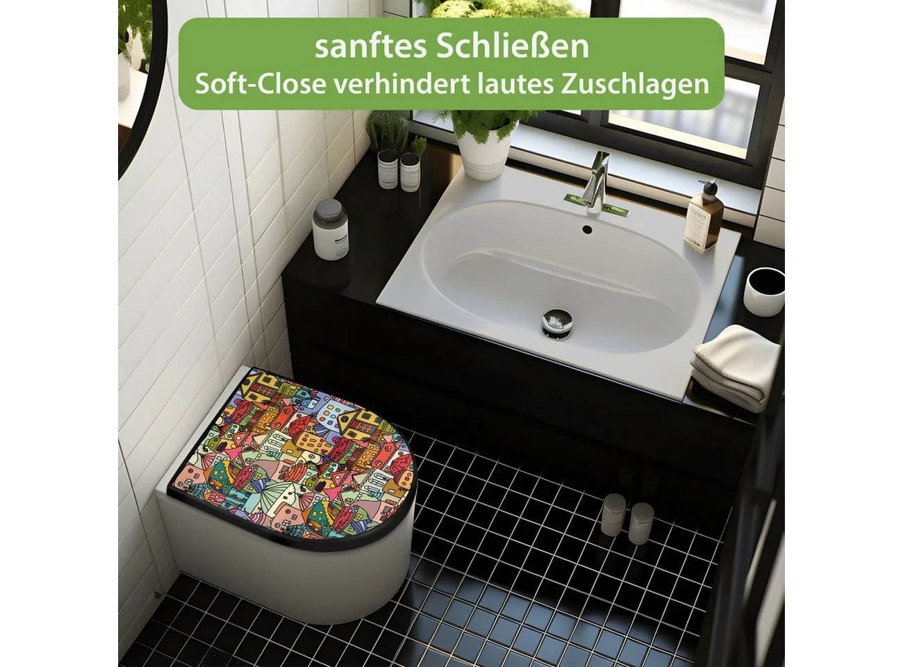 banjado WC-Sitz Premium D-Form mit Absenkautomatik Motiv Funky Town Schwarz - Bild 3