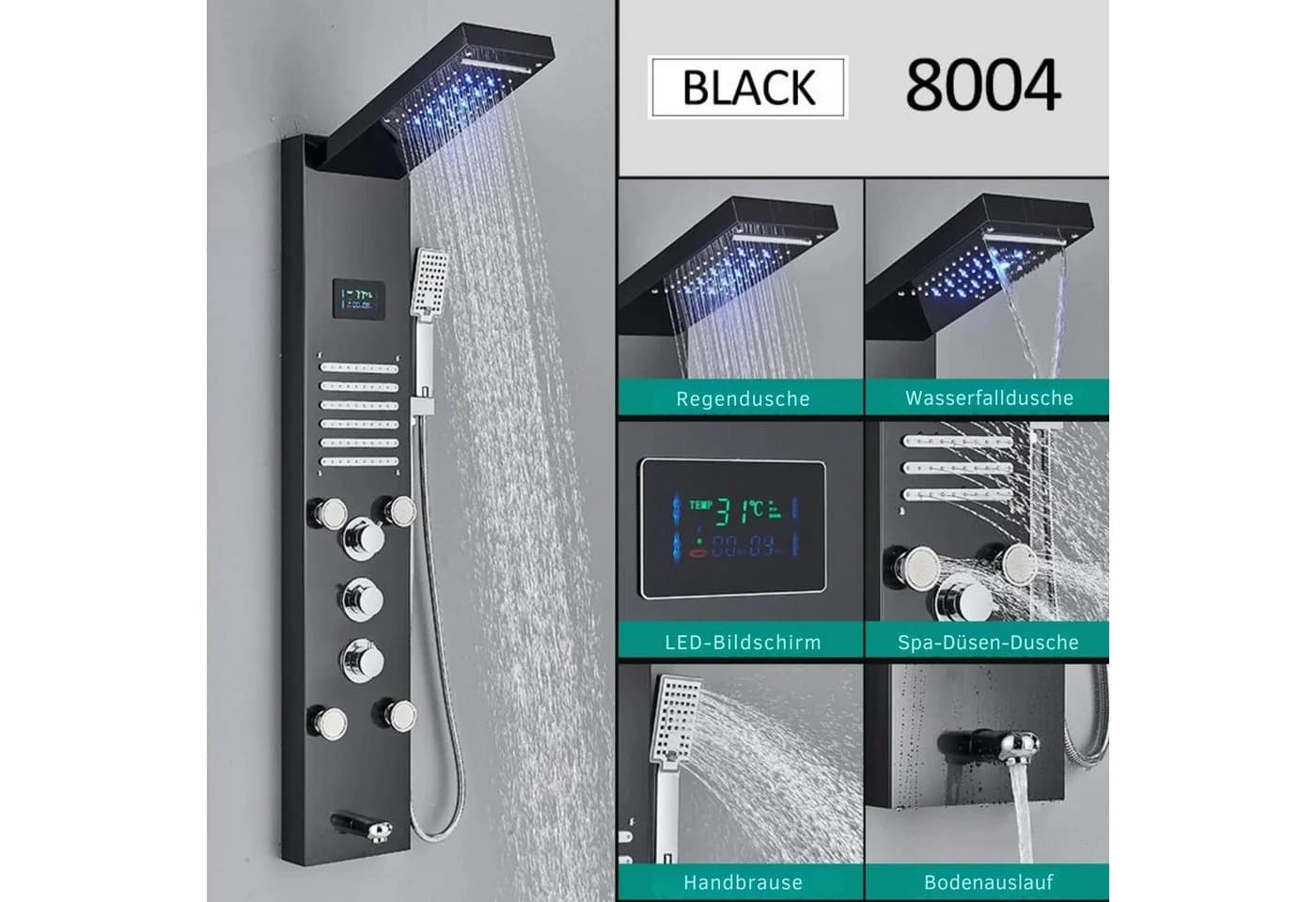 LuxaSteel Regendusche Schwarz mit LED-Beleuchtung & Wasserfallfunktion