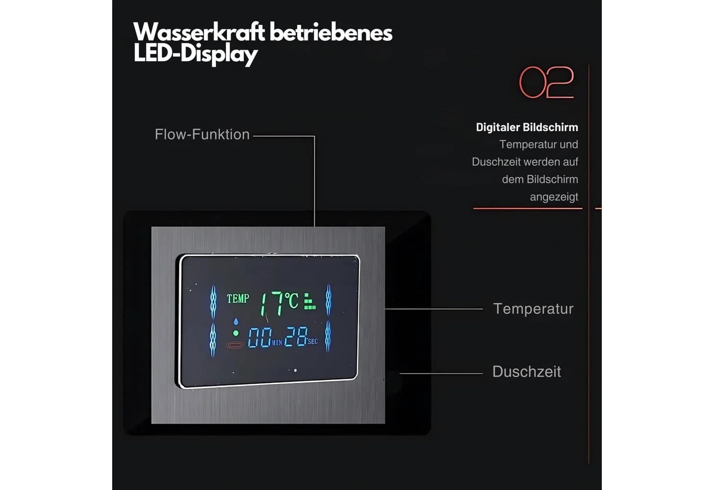 LuxaSteel Regendusche Schwarz mit LED-Beleuchtung & Wasserfallfunktion - Bild 4