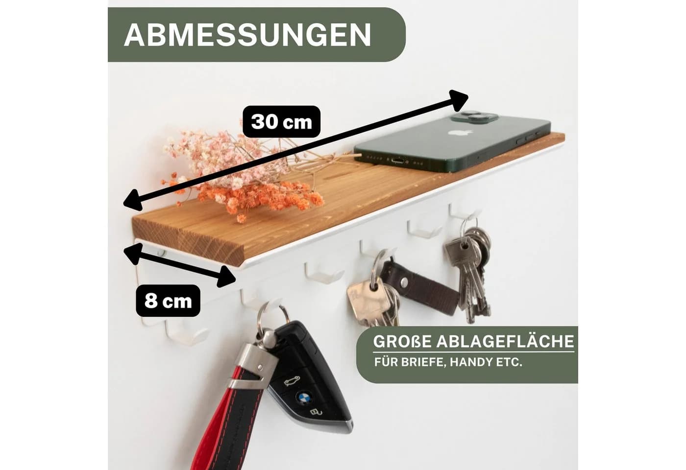 Schlüsselbrett mit Haken & Ablage, Eiche & Schwarz Metall - Bild 5