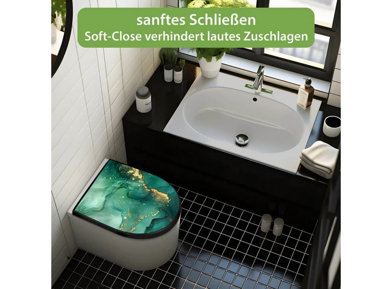 banjado WC-Sitz Premium D-Form Grüner Marmor Gold Softclose - Bild 3