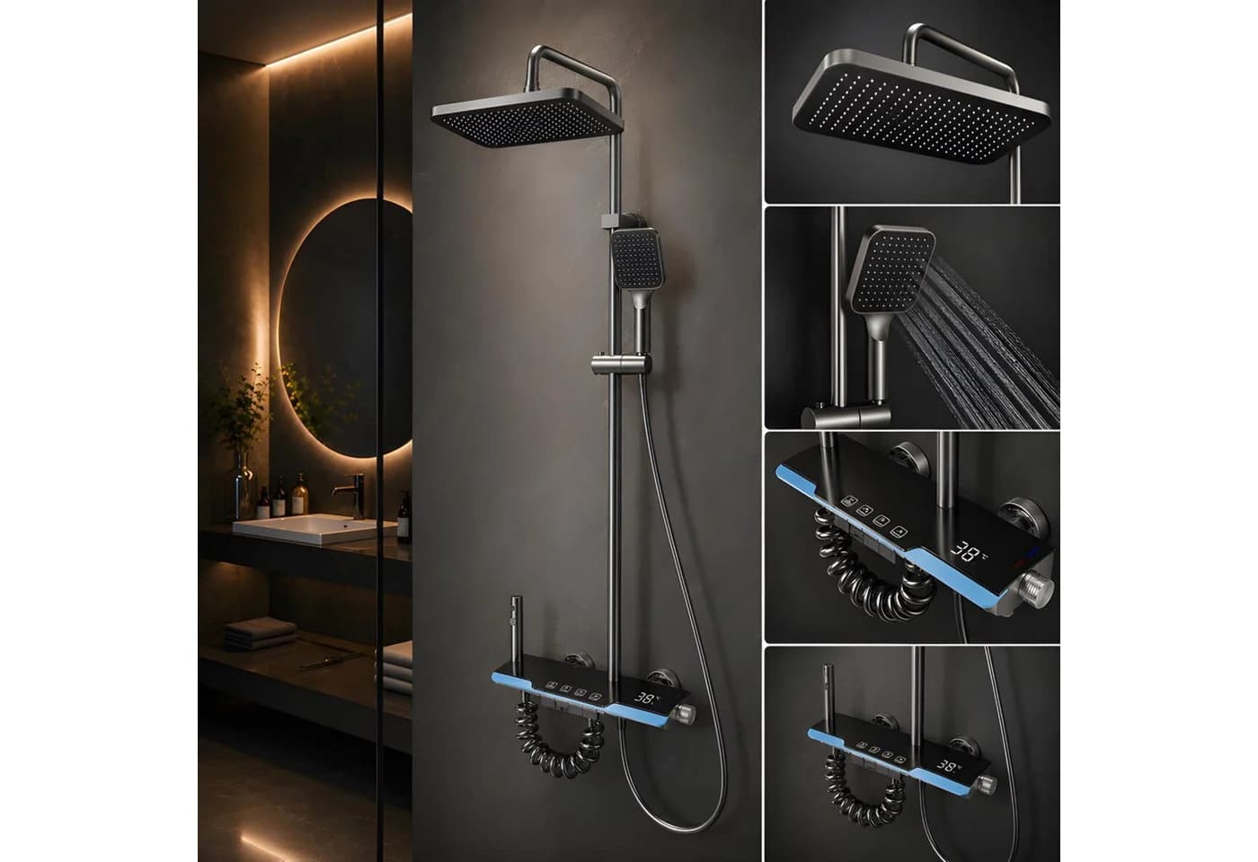 LuxaSteel Duschsystem Schwarz mit LED Display & Regendusche - Bild 2