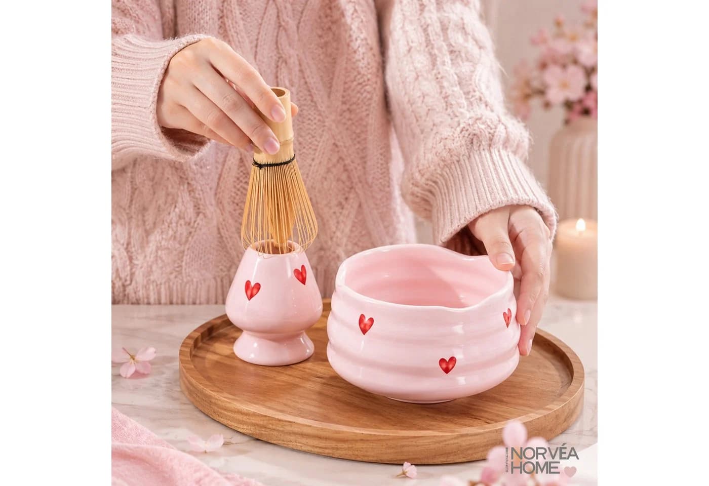 Norvéa Home Matcha Set 6-tlg. Rosa Keramik mit Herzdekor - Bild 3
