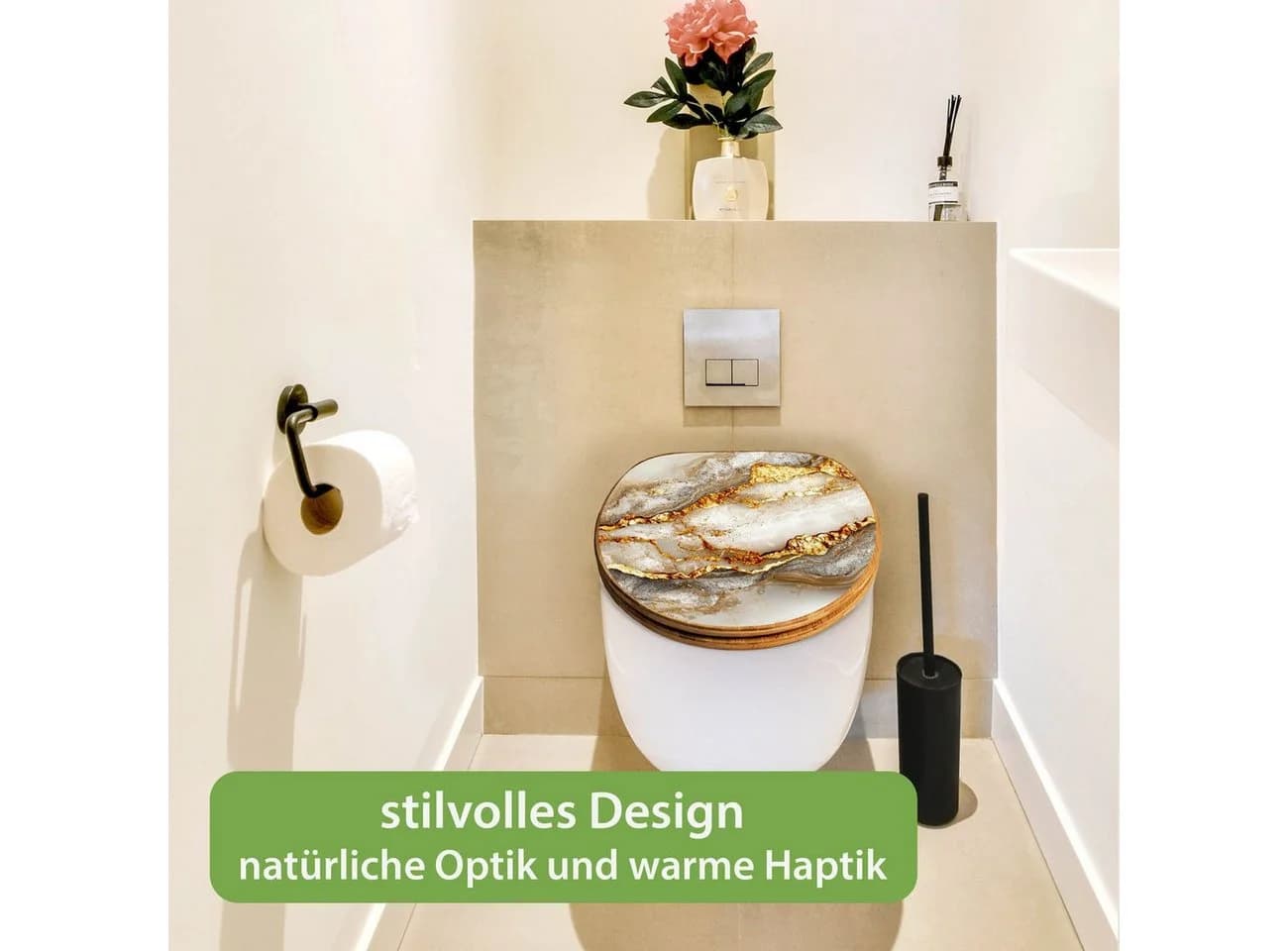 banjado WC-Sitz Bambus Absenkautomatik Weißer Marmor Gold - Bild 5