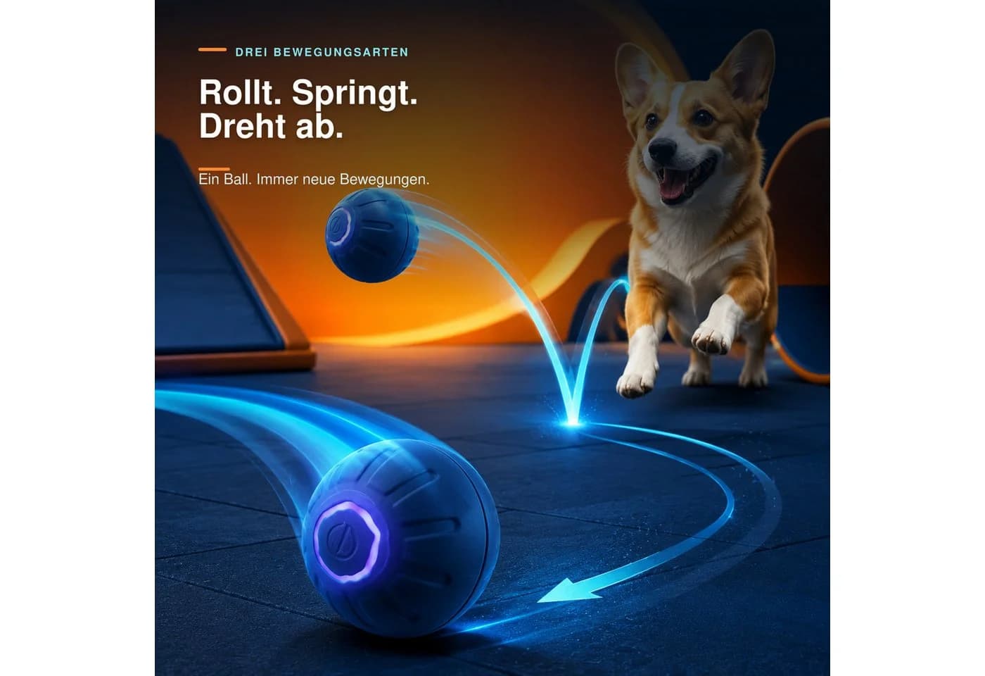 FLOCKI Pets™ Interaktiver Hundeball mit Motor, LED & USB-C, Ø 5,2 cm, Orange - Bild 4