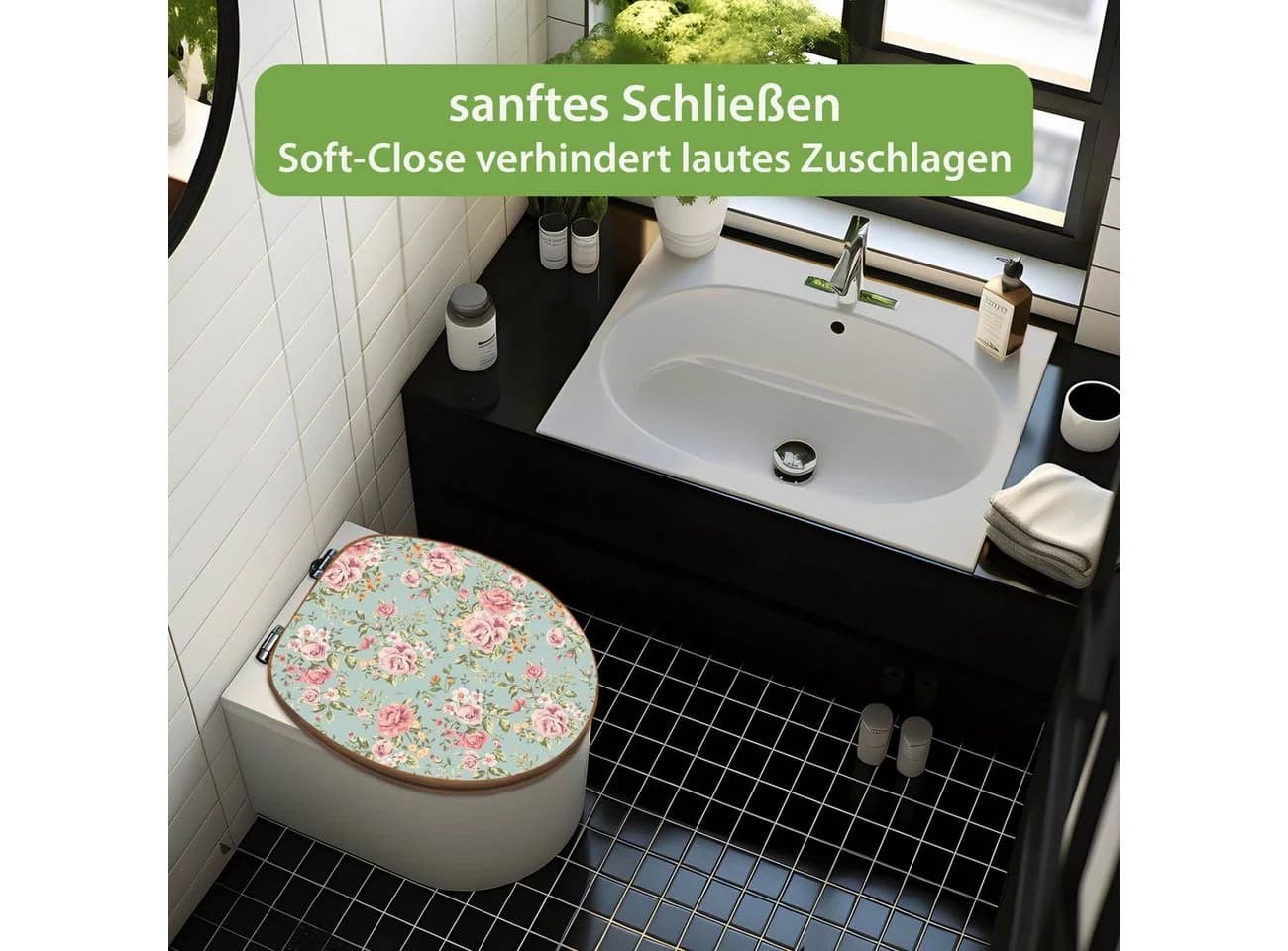 banjado WC-Sitz Bambus mit Absenkautomatik Blumenmotiv Altrosa