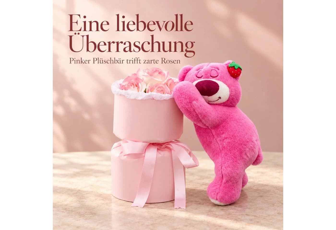 Norvéa Home Kunstblume Geschenkbox mit Teddybär, rosa Rosen & LED