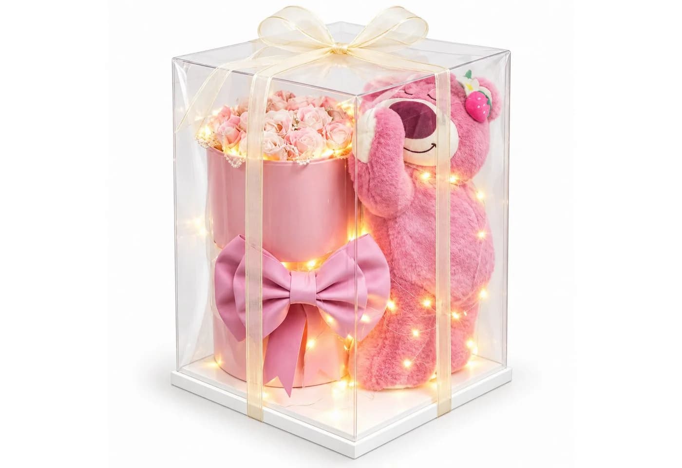 Norvéa Home Kunstblume Geschenkbox mit Teddybär, rosa Rosen & LED - Bild 2