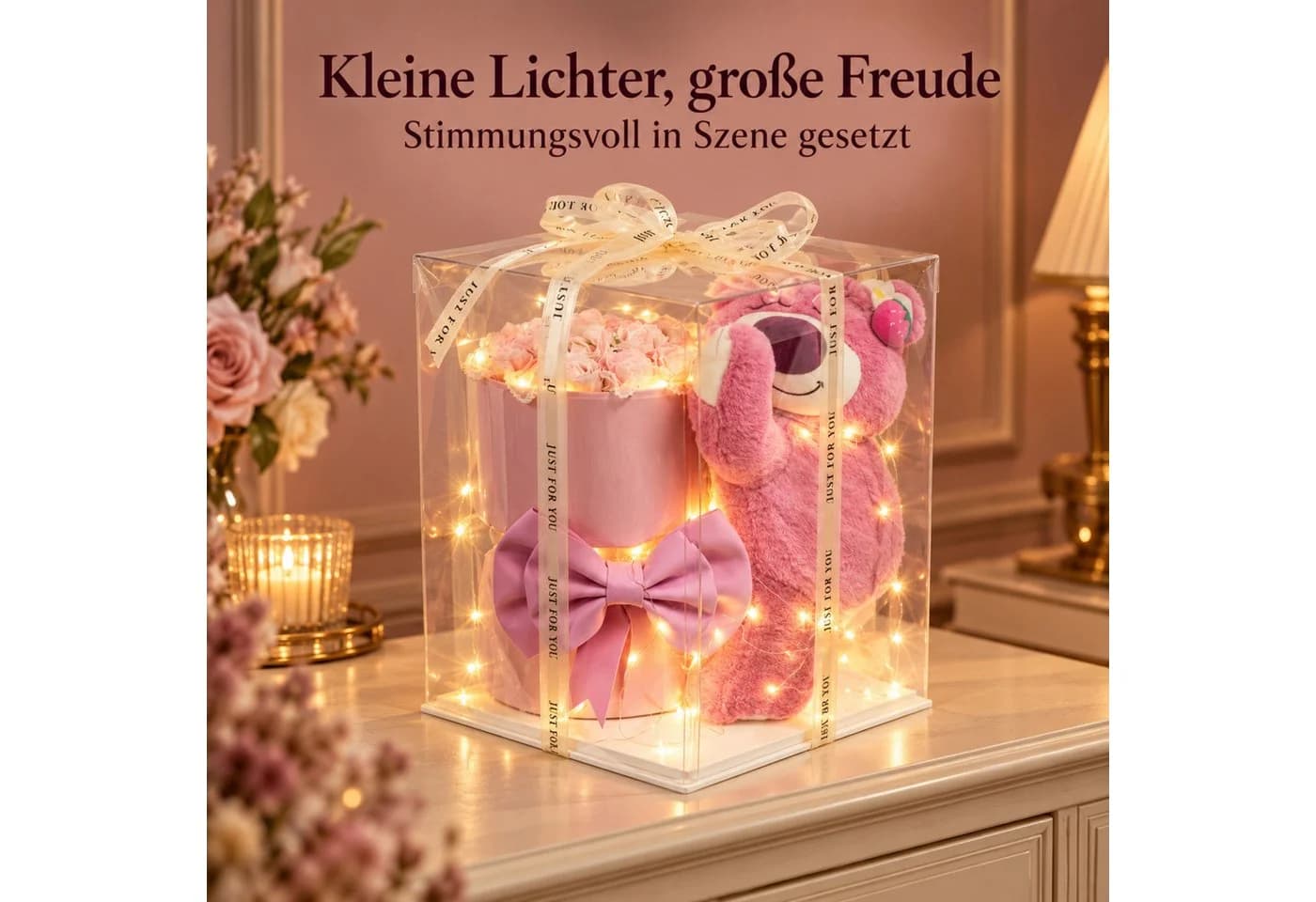 Norvéa Home Kunstblume Geschenkbox mit Teddybär, rosa Rosen & LED - Bild 3