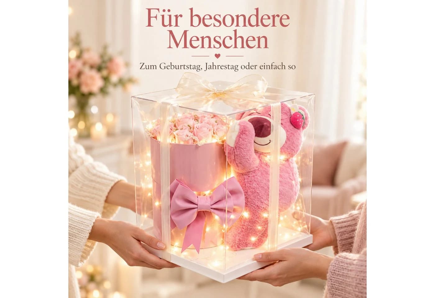 Norvéa Home Kunstblume Geschenkbox mit Teddybär, rosa Rosen & LED - Bild 4