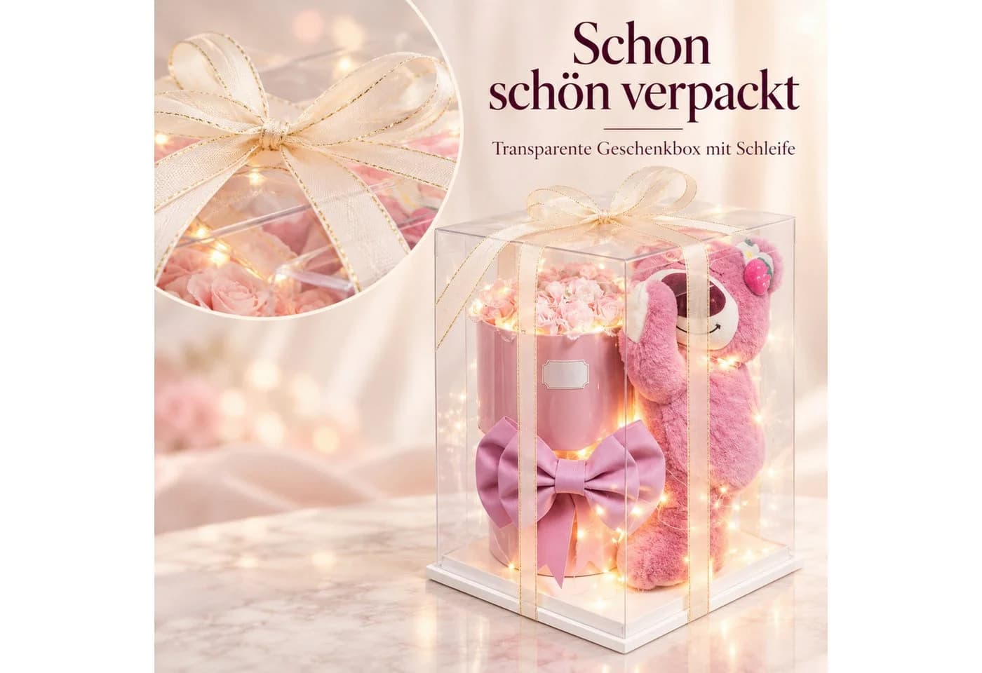Norvéa Home Kunstblume Geschenkbox mit Teddybär, rosa Rosen & LED - Bild 5