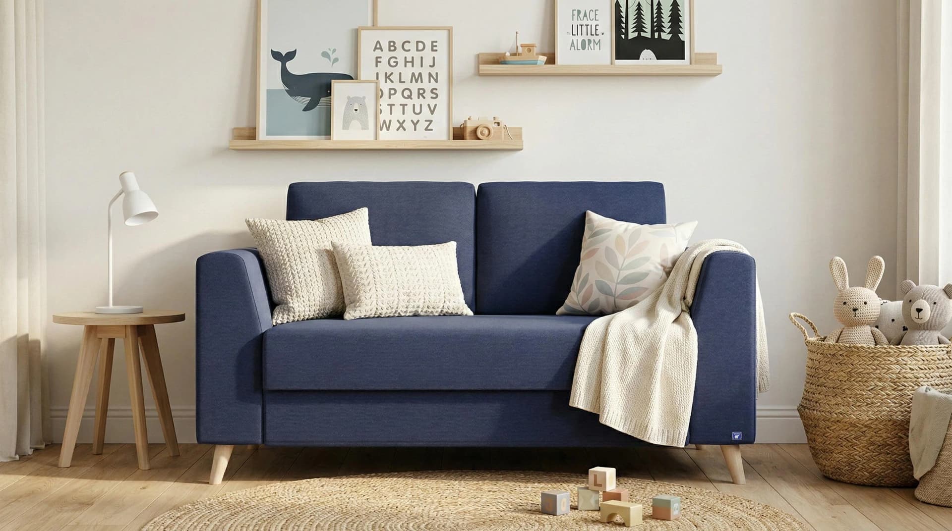 BRUNO Schlafsofa 120cm Blau Boxspring & Massivholz
