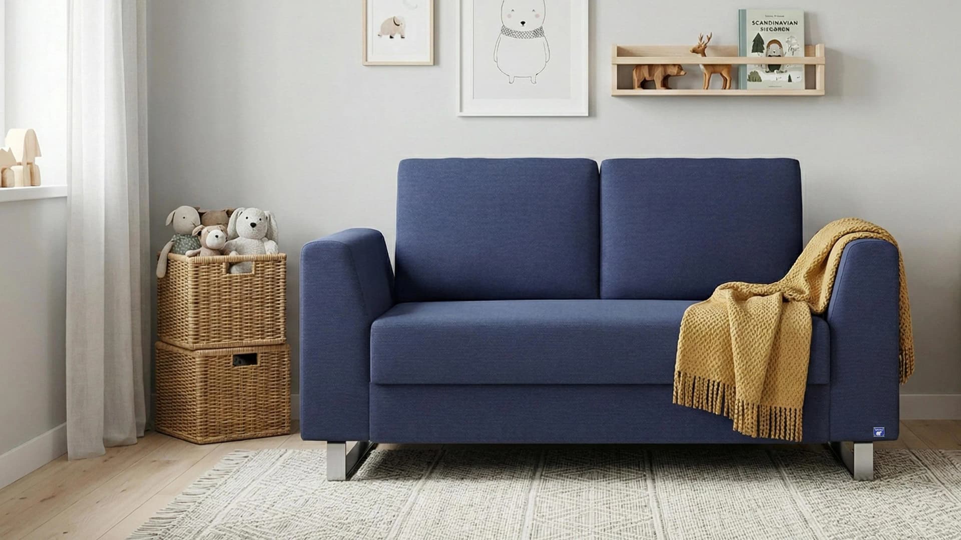 BRUNO Schlafsofa 120cm Blau Boxspring & Massivholz