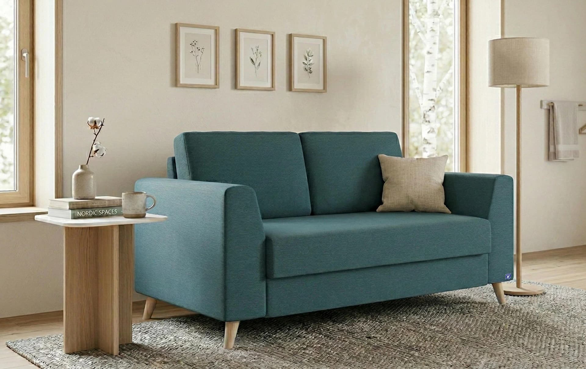 BRUNO Schlafsofa 120cm Petrol Türkis Massivholz Boxspring