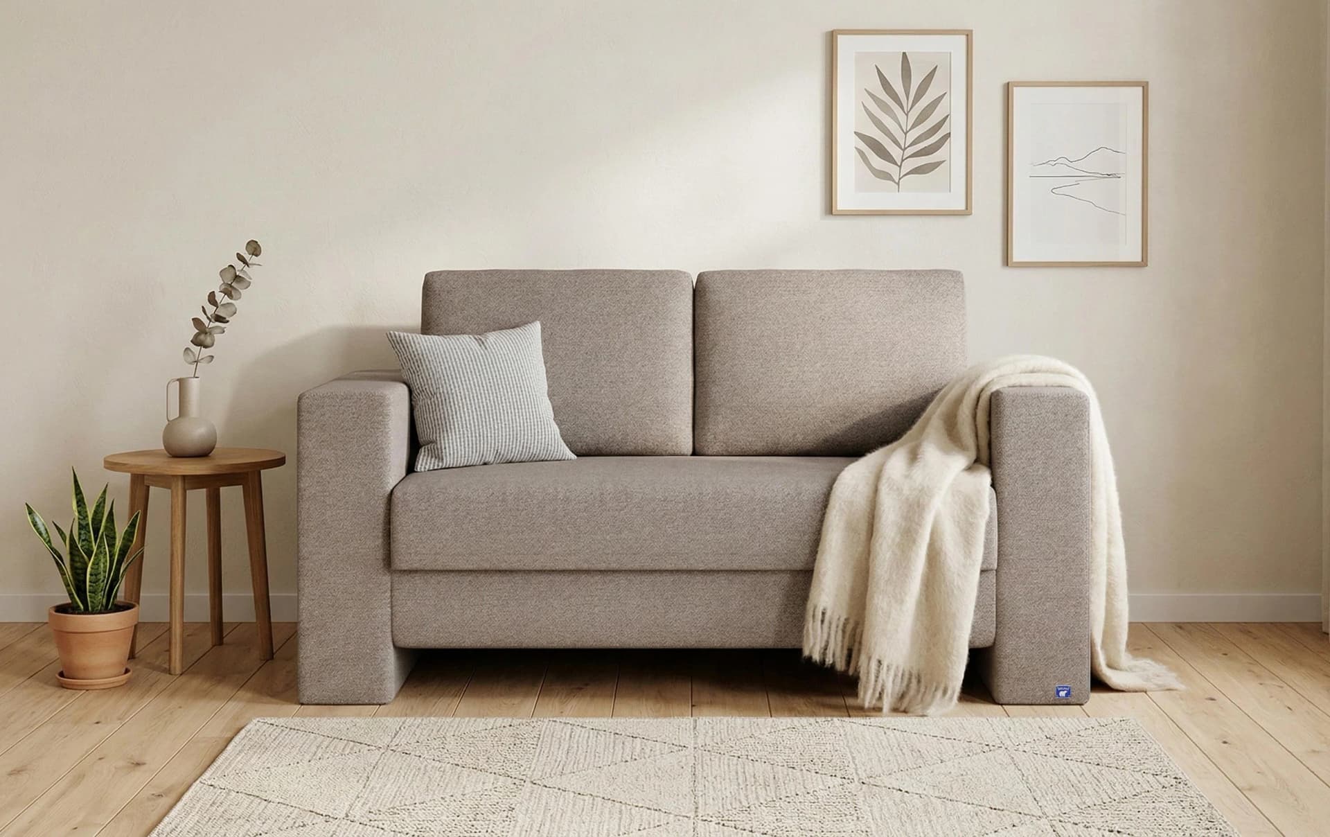 BRUNO Schlafsofa 120cm Taupe Grau-Beige Boxspring & Massivholz