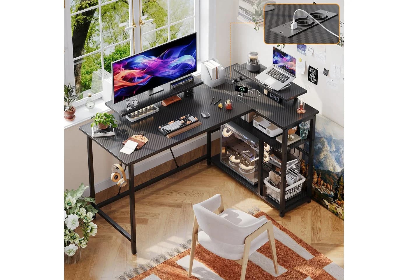 HOMALL Eckschreibtisch L-Form mit USB-Anschlüssen und LED-Beleuchtung