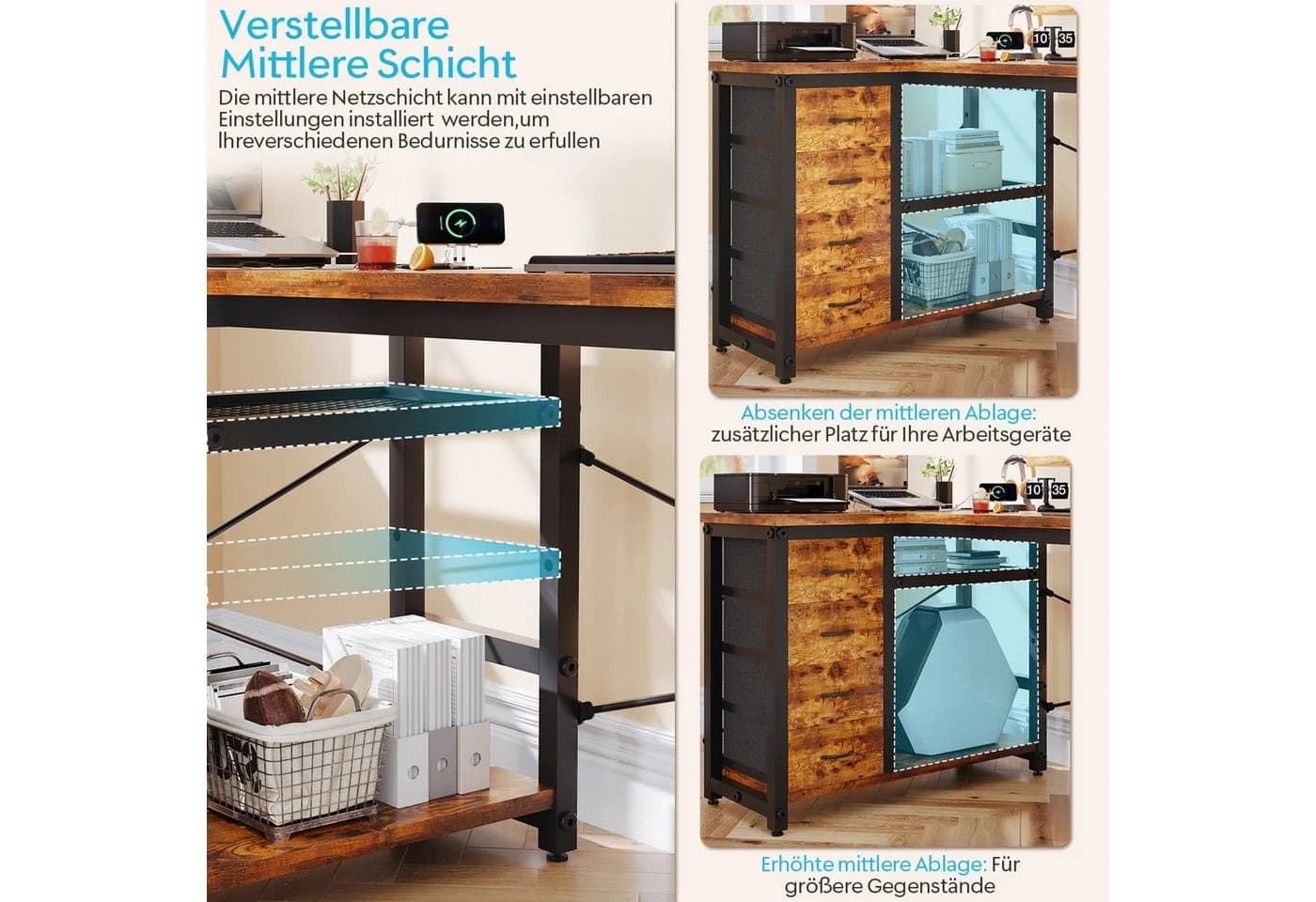 HOMALL Eckschreibtisch L-Form Braun mit Ablagefächern - Bild 4