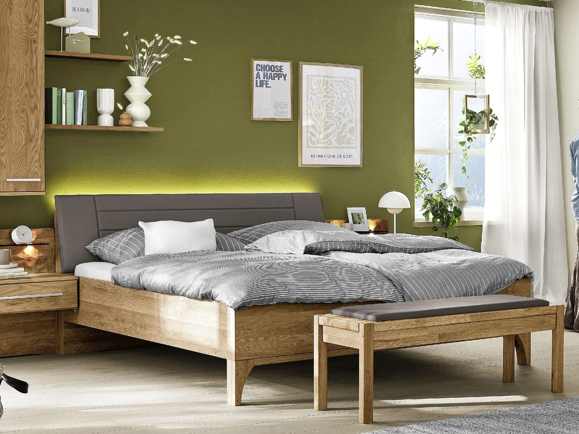 Mondo Bett MONDO PAOLO Eiche teilmassiv mit Kunstleder-Kopfteil