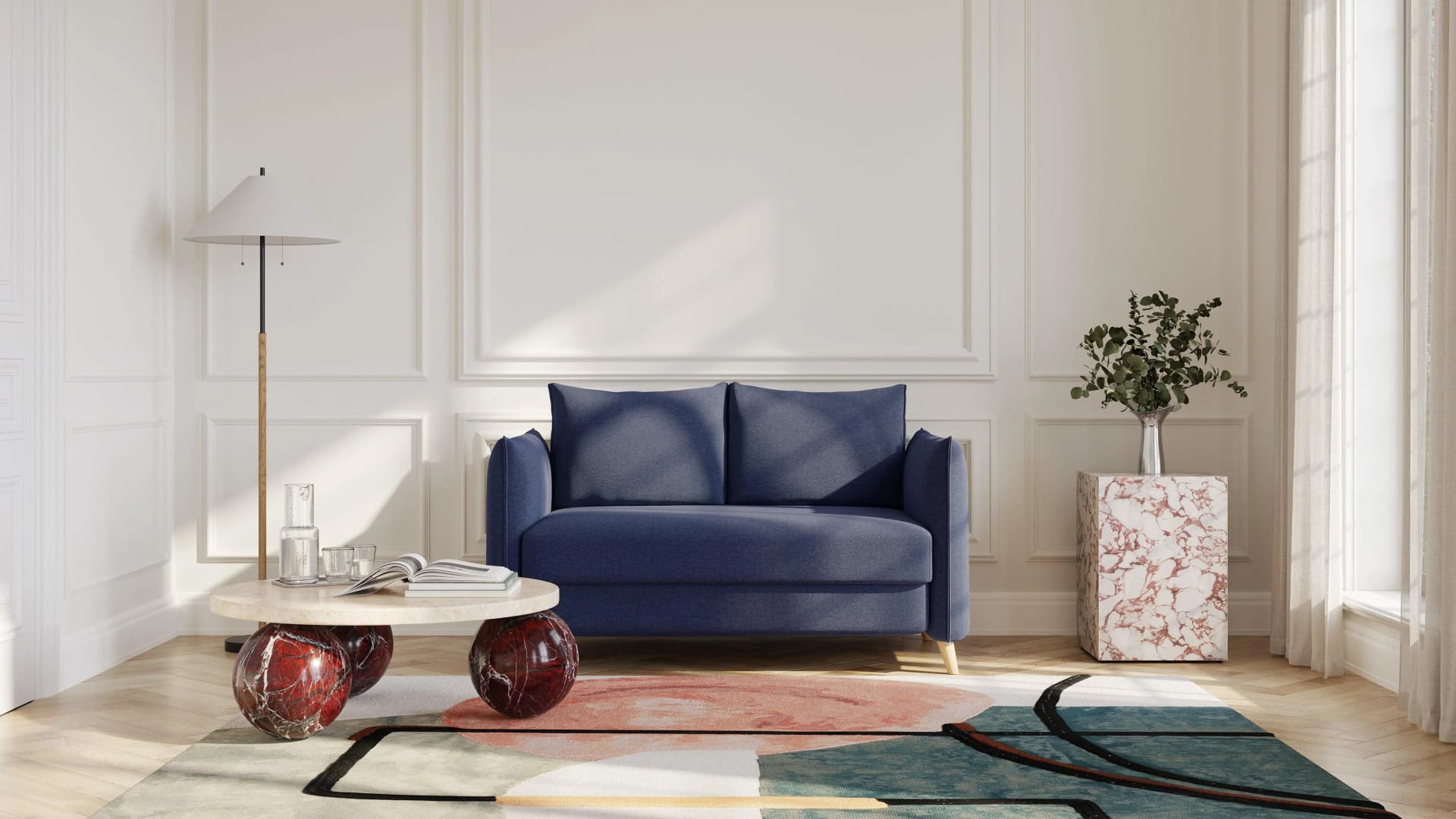 BRUNO Schlafsofa Blau Boxspring & Massivholz