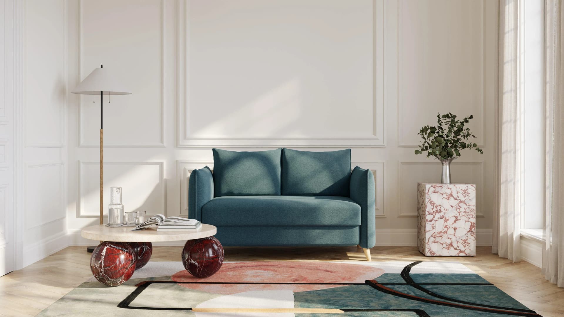 BRUNO Schlafsofa 120cm Petrol-Türkis Boxspring & Massivholz