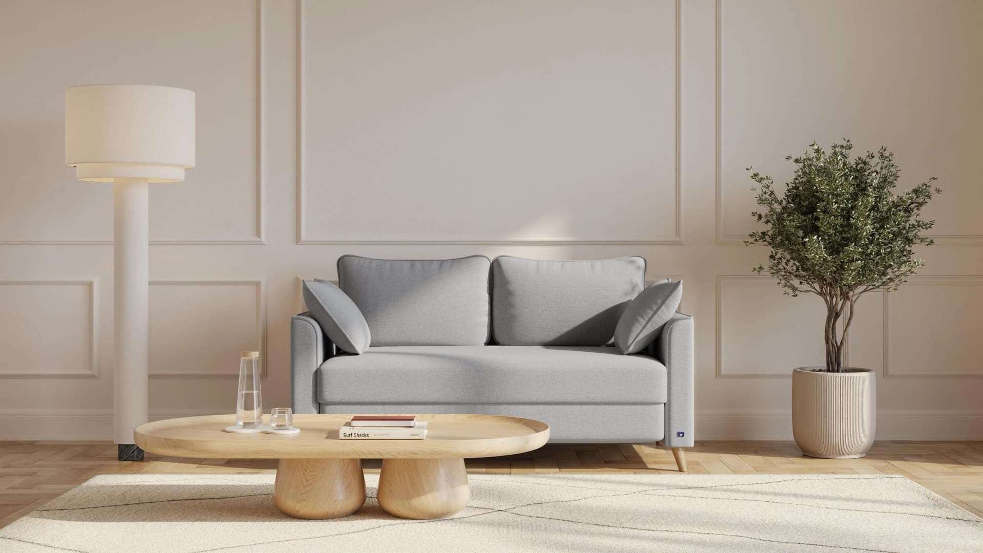 BRUNO Schlafsofa 120cm Hellgrau Boxspring & Massivholz