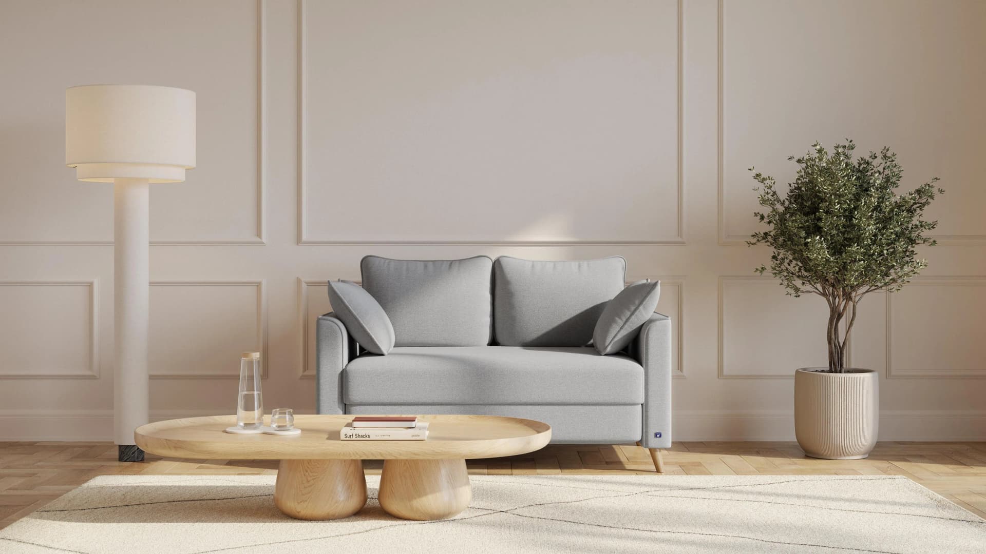 BRUNO Schlafsofa Hellgrau Boxspring & Massivholz