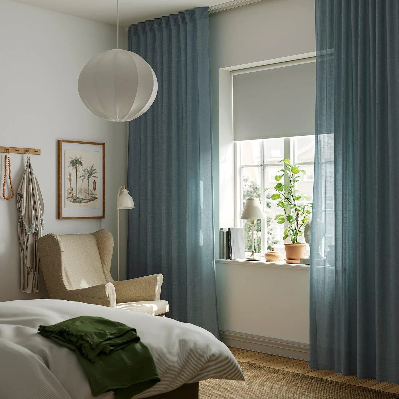 IKEA RITVA 2 Gardinen + Raffhalter Graublau Baumwolle