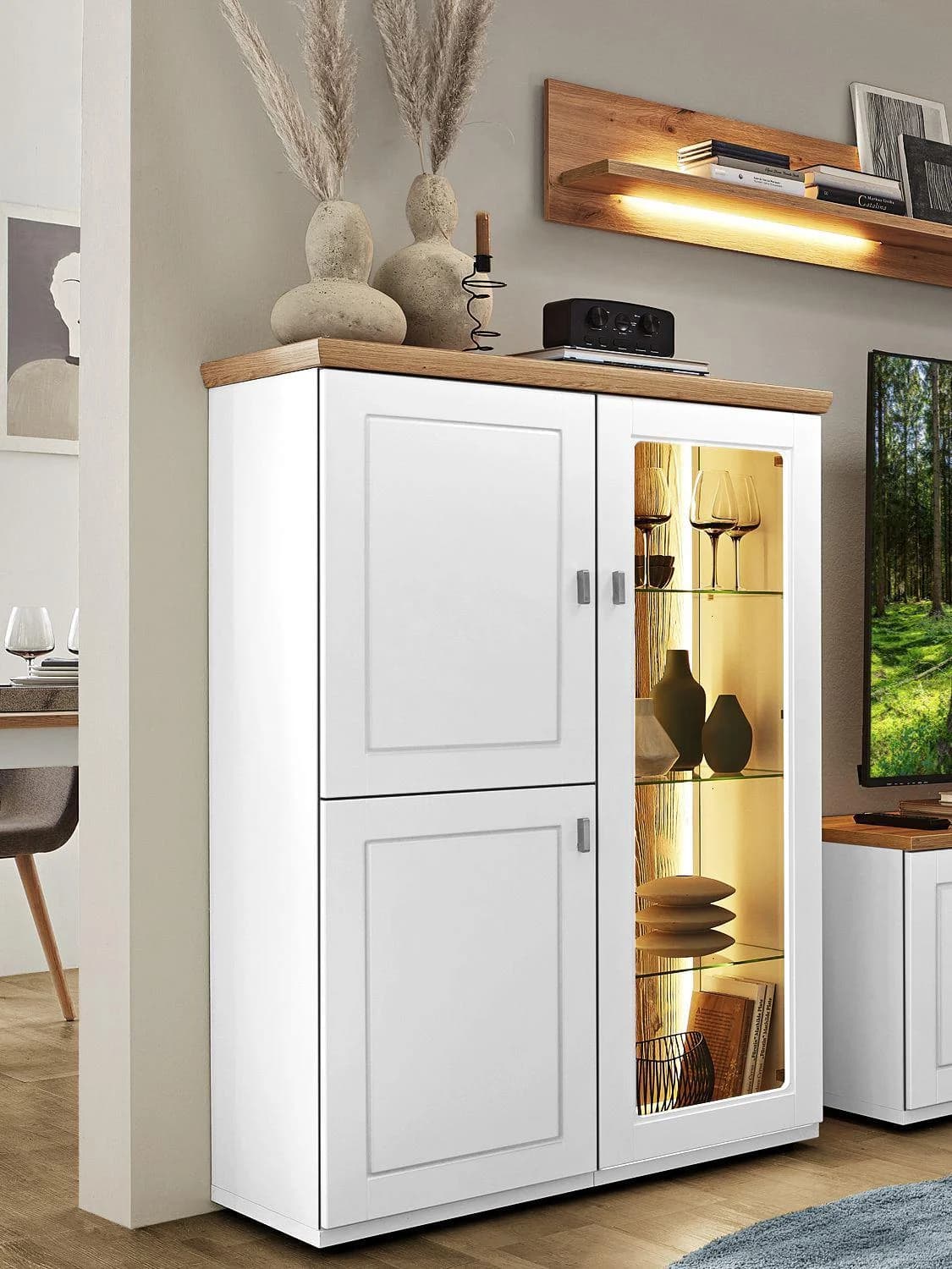 Highboard vito IDAMO Tonweiss matt mit Alteiche Dekor