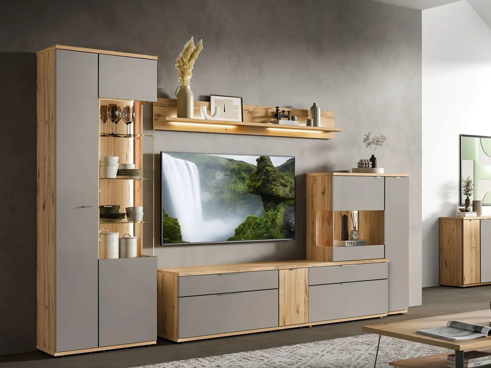 Vitrine vito BERGHE grau matt mit Holz- und Glastüren