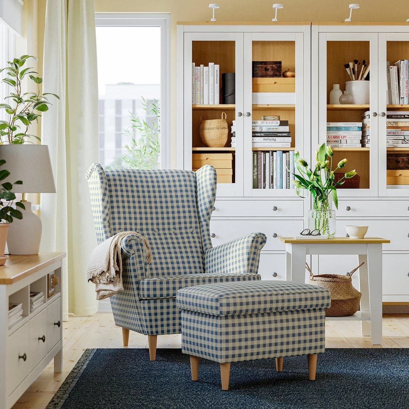IKEA STRANDMON Ohrensessel mit Hocker Blau/Beige