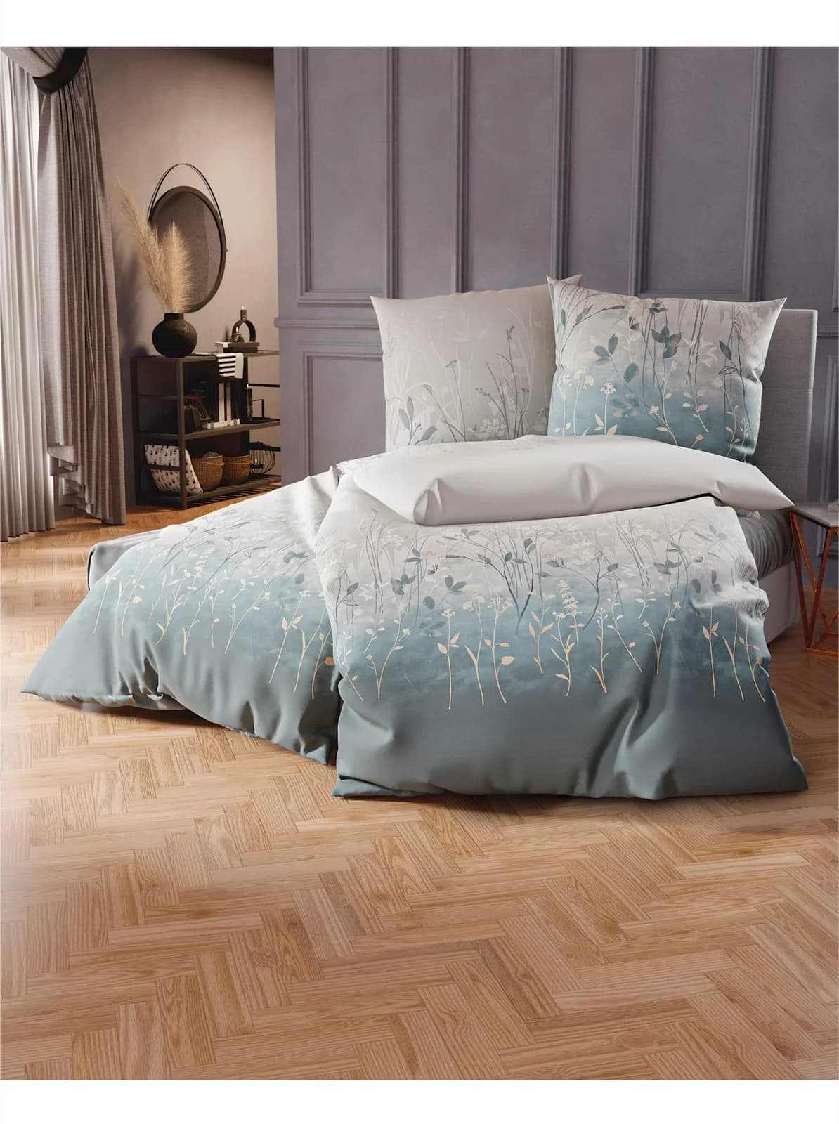Kaeppel Bettwäsche Set 2-tlg. Taubenblau Grau Blumenmuster Baumwolle